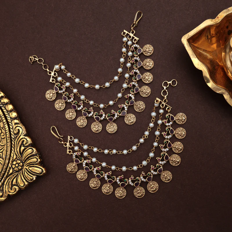 Antique Lakshmi Coin Mayuri 3 Line Bridal Earchain